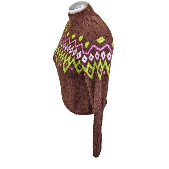 No Boundaries No Bo Womens M Fuzzy Mock Neck Cropped Sweater Brown Aztec Pattern - Picture 3 of 5